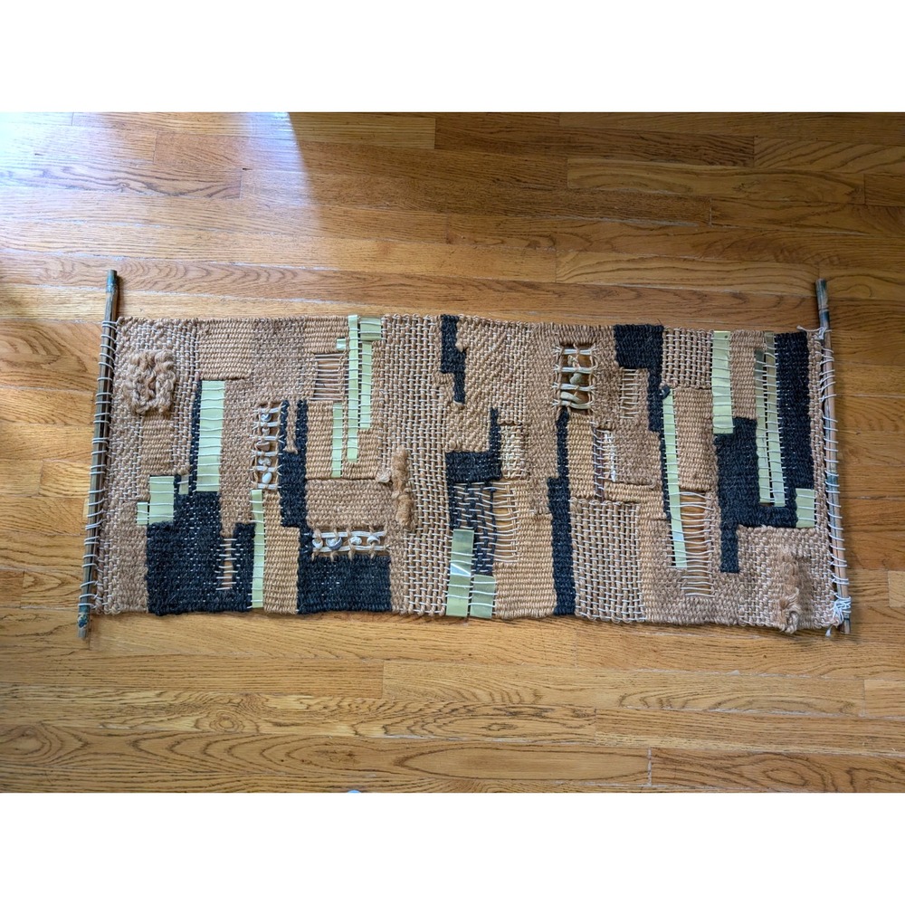1970s Studio Woven Tapestry Abstract Boho MCM Seashell Textile Fiber Craft 48"